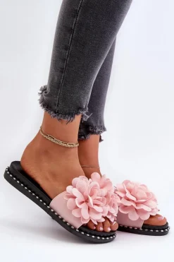 Discount Boto Klapki Damskie Ozdobione Kwiatami Różowe Cellanen