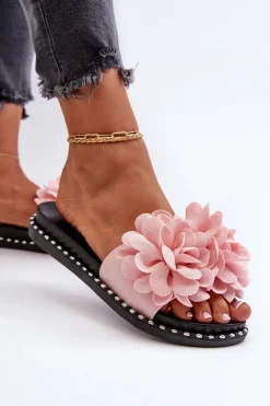 Discount Boto Klapki Damskie Ozdobione Kwiatami Różowe Cellanen