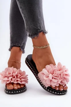 Discount Boto Klapki Damskie Ozdobione Kwiatami Różowe Cellanen