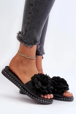 Outlet Klapki Damskie Ozdobione Kwiatami Czarne Cellanen Damskie Klapki Damskie Klasyczne