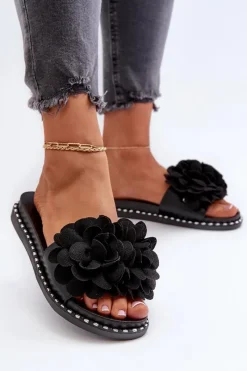 Outlet Klapki Damskie Ozdobione Kwiatami Czarne Cellanen Damskie Klapki Damskie Klasyczne