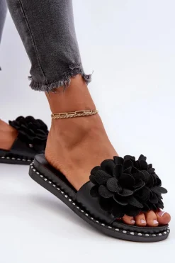 Outlet Klapki Damskie Ozdobione Kwiatami Czarne Cellanen Damskie Klapki Damskie Klasyczne