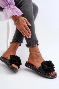 Outlet Klapki Damskie Ozdobione Kwiatami Czarne Cellanen Damskie Klapki Damskie Klasyczne