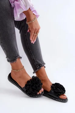 Outlet Klapki Damskie Ozdobione Kwiatami Czarne Cellanen Damskie Klapki Damskie Klasyczne