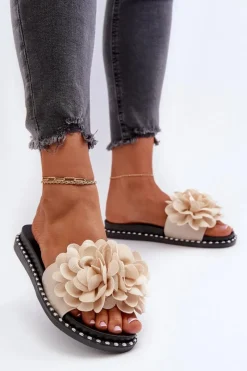 Klapki Damskie Klasyczne>Boto Klapki Damskie Ozdobione Kwiatami Beżowe Cellanen