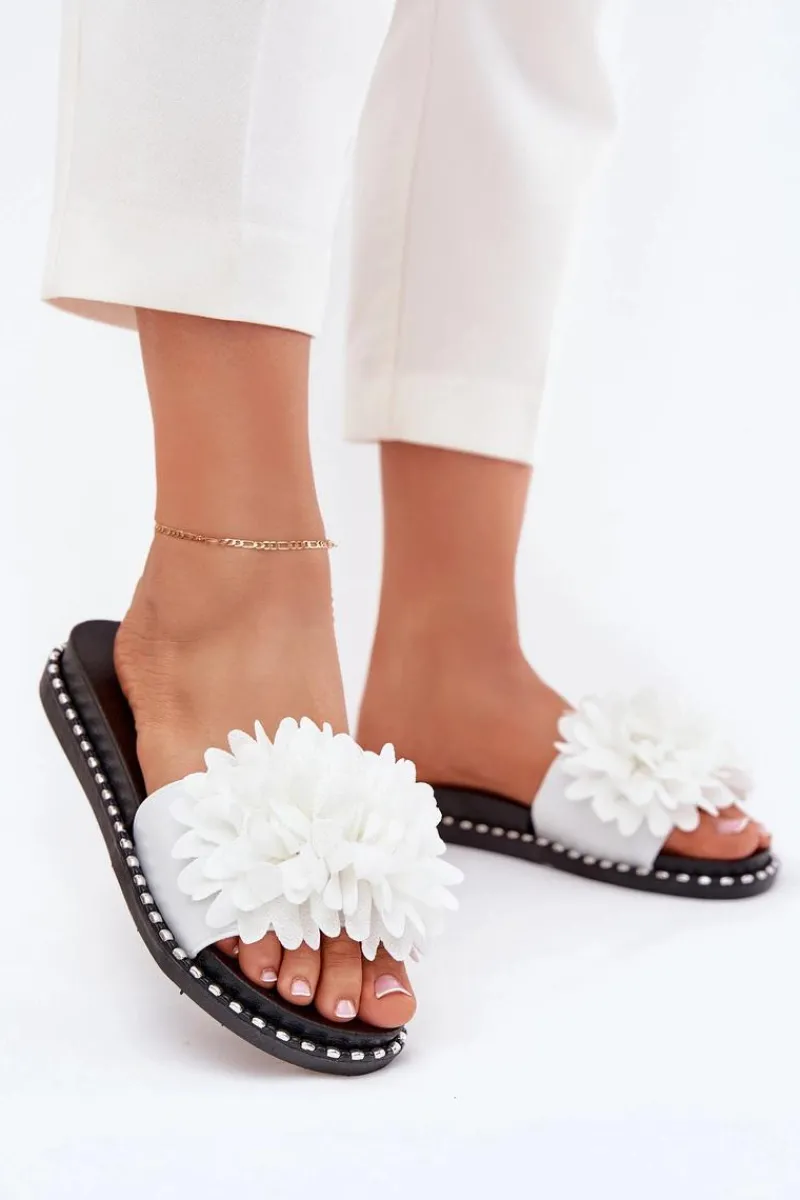 New Boto Klapki Damskie Ozdobione Kwiatami Białe Cellanen