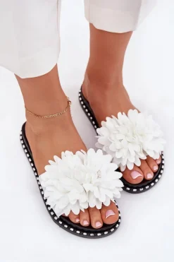 New Boto Klapki Damskie Ozdobione Kwiatami Białe Cellanen