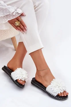 New Boto Klapki Damskie Ozdobione Kwiatami Białe Cellanen