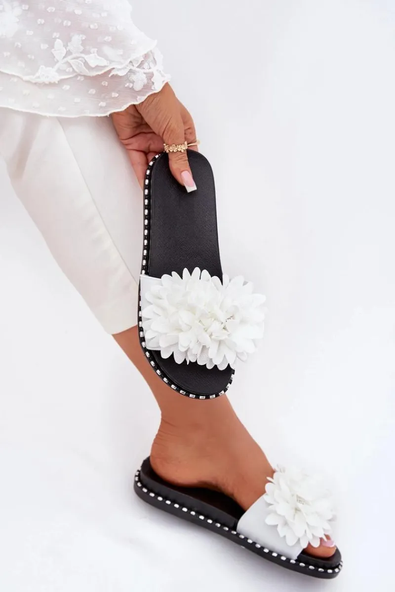 New Boto Klapki Damskie Ozdobione Kwiatami Białe Cellanen