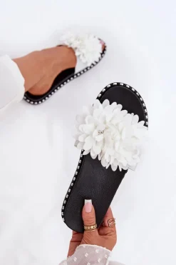 New Boto Klapki Damskie Ozdobione Kwiatami Białe Cellanen