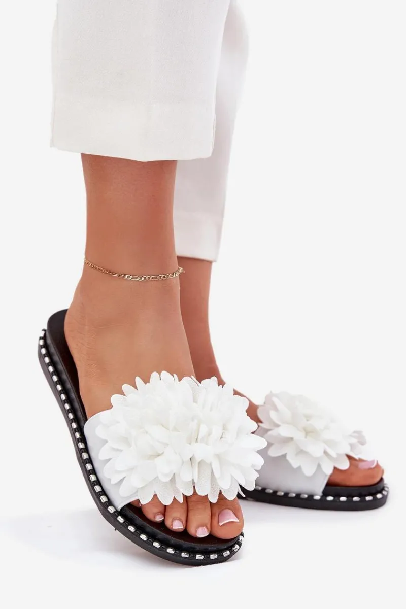 New Boto Klapki Damskie Ozdobione Kwiatami Białe Cellanen