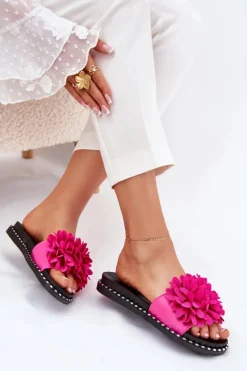 Outlet Klapki Damskie Ozdobione Kwiatami Fuksja Cellanen Damskie Klapki Damskie Klasyczne