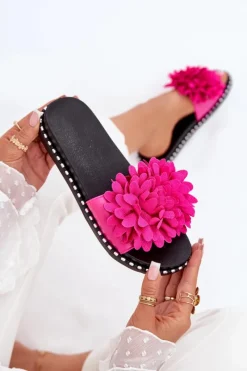 Outlet Klapki Damskie Ozdobione Kwiatami Fuksja Cellanen Damskie Klapki Damskie Klasyczne