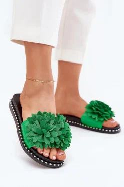 Klapki Damskie Klasyczne>Boto Klapki Damskie Ozdobione Kwiatami Zielone Cellanen