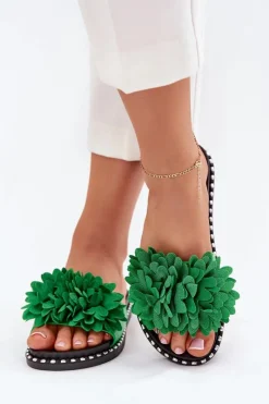 Klapki Damskie Klasyczne>Boto Klapki Damskie Ozdobione Kwiatami Zielone Cellanen