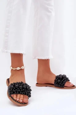 Klapki Damskie Płaskie Z Ozdobnymi Koralikami Czarne Aricca Damskie Klapki Damskie Klasyczne