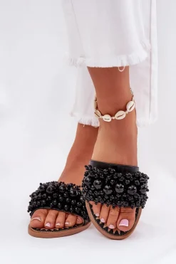 Klapki Damskie Płaskie Z Ozdobnymi Koralikami Czarne Aricca Damskie Klapki Damskie Klasyczne