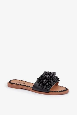 Klapki Damskie Płaskie Z Ozdobnymi Koralikami Czarne Aricca Damskie Klapki Damskie Klasyczne
