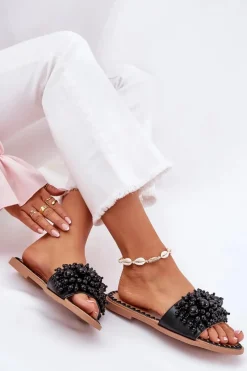 Klapki Damskie Płaskie Z Ozdobnymi Koralikami Czarne Aricca Damskie Klapki Damskie Klasyczne