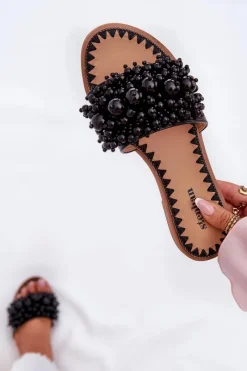 Klapki Damskie Płaskie Z Ozdobnymi Koralikami Czarne Aricca Damskie Klapki Damskie Klasyczne