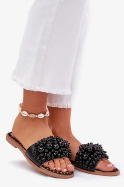 Klapki Damskie Płaskie Z Ozdobnymi Koralikami Czarne Aricca Damskie Klapki Damskie Klasyczne