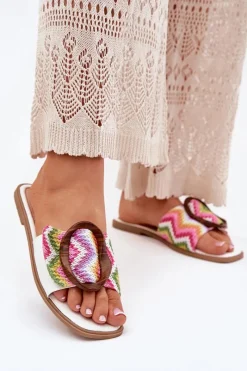 Sale Boto Klapki Damskie Płaskie Z Ozdobną Klamrą Białe Luwam Biały