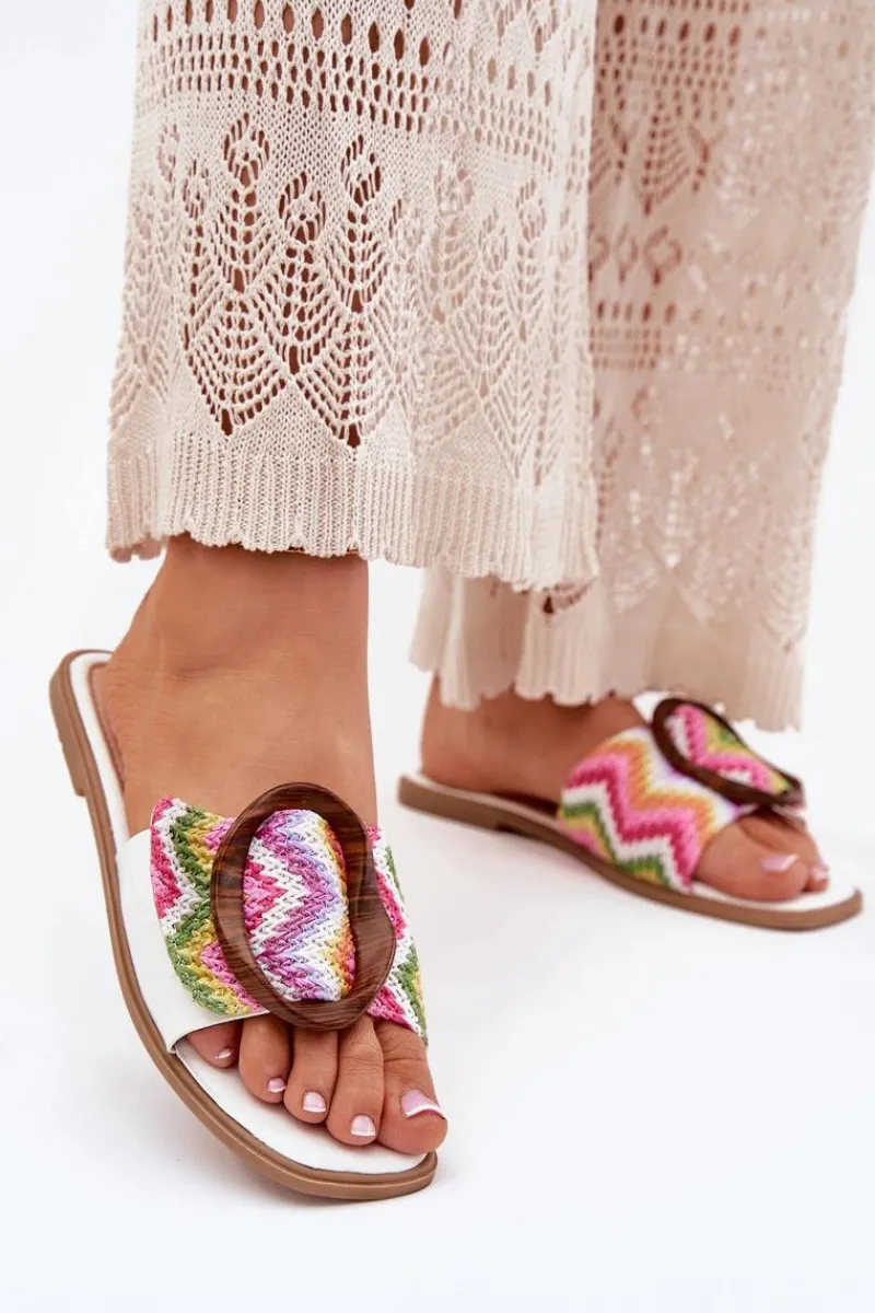 Sale Boto Klapki Damskie Płaskie Z Ozdobną Klamrą Białe Luwam Biały