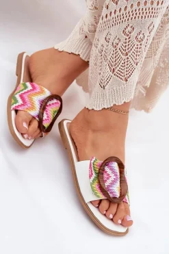 Sale Boto Klapki Damskie Płaskie Z Ozdobną Klamrą Białe Luwam Biały