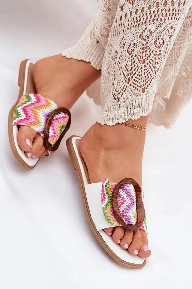 Sale Boto Klapki Damskie Płaskie Z Ozdobną Klamrą Białe Luwam Biały