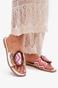 Sale Boto Klapki Damskie Płaskie Z Ozdobną Klamrą Białe Luwam Biały