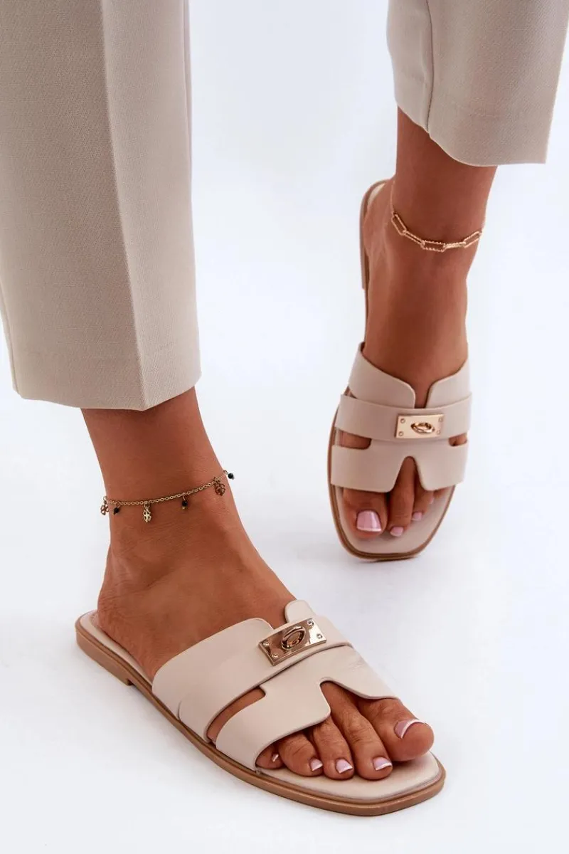 Discount Klapki Damskie Płaskie Z Ozdobą Beżowe Kavinia Damskie Klapki Damskie Klasyczne