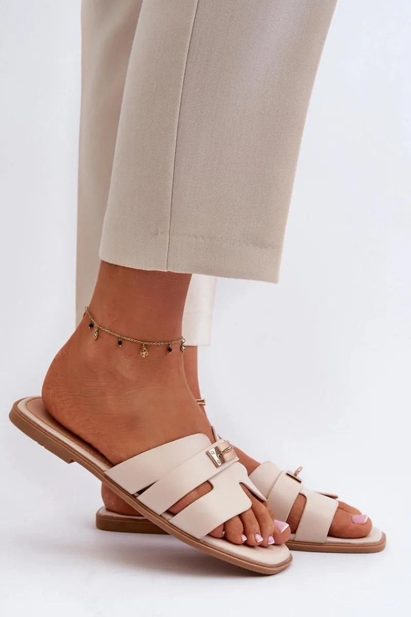 Discount Klapki Damskie Płaskie Z Ozdobą Beżowe Kavinia Damskie Klapki Damskie Klasyczne