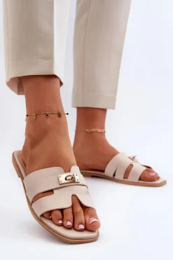 Discount Klapki Damskie Płaskie Z Ozdobą Beżowe Kavinia Damskie Klapki Damskie Klasyczne