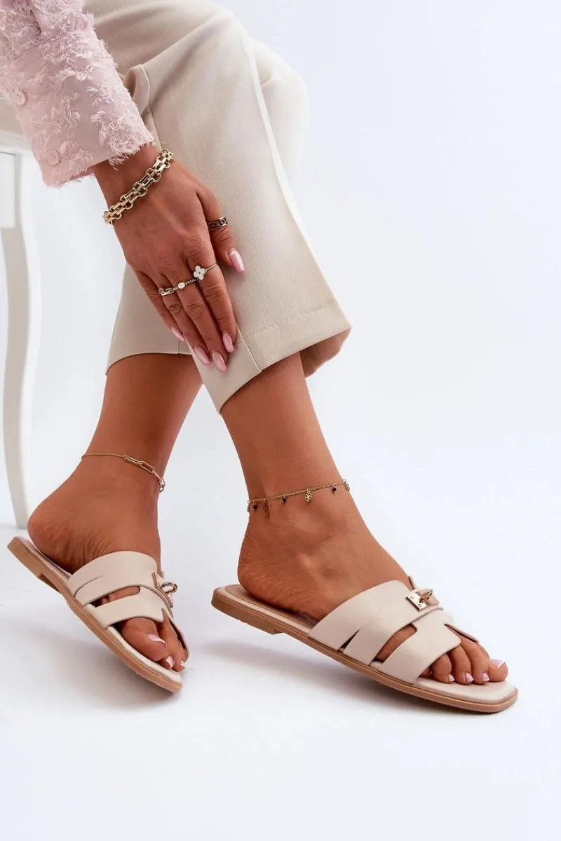 Discount Klapki Damskie Płaskie Z Ozdobą Beżowe Kavinia Damskie Klapki Damskie Klasyczne