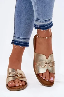 Klapki Damskie Klasyczne>Evento Klapki Damskie Płaskie Z Ozdobnym Detalem Złote Amiresna Złoty