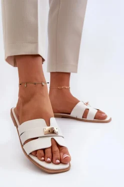 Klapki Damskie Klasyczne>Boto Klapki Damskie Płaskie Z Ozdobą Białe Kavinia