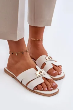 Klapki Damskie Klasyczne>Boto Klapki Damskie Płaskie Z Ozdobą Białe Kavinia