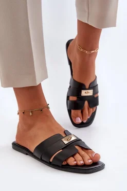 Klapki Damskie Klasyczne>Boto Klapki Damskie Płaskie Z Ozdobą Czarne Kavinia