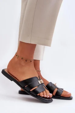 Klapki Damskie Klasyczne>Boto Klapki Damskie Płaskie Z Ozdobą Czarne Kavinia