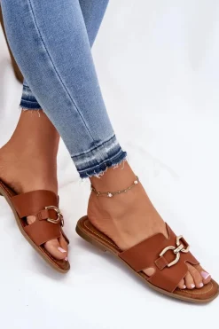 Online Evento Klapki Damskie Płaskie Z Ozdobnym Detalem Camel Amiresna Brązowy