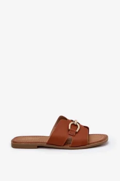 Online Evento Klapki Damskie Płaskie Z Ozdobnym Detalem Camel Amiresna Brązowy