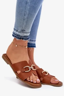 Online Evento Klapki Damskie Płaskie Z Ozdobnym Detalem Camel Amiresna Brązowy