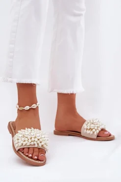 New Klapki Damskie Płaskie Z Ozdobnymi Koralikami Beżowe Aricca Damskie Klapki Damskie Klasyczne