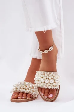 New Klapki Damskie Płaskie Z Ozdobnymi Koralikami Beżowe Aricca Damskie Klapki Damskie Klasyczne