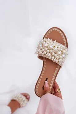 New Klapki Damskie Płaskie Z Ozdobnymi Koralikami Beżowe Aricca Damskie Klapki Damskie Klasyczne