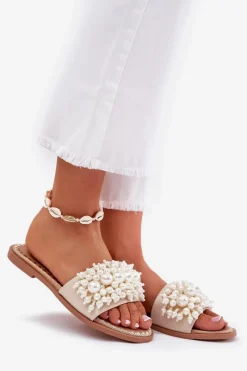 New Klapki Damskie Płaskie Z Ozdobnymi Koralikami Beżowe Aricca Damskie Klapki Damskie Klasyczne