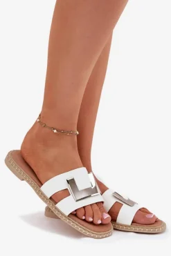 Best Artiker Klapki Damskie Płaskie Z Ozdobnym Detalem 56C1334 Białe Biały