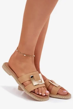 Klapki Damskie Płaskie Z Ozdobnym Detalem 56C1335 Beżowe Damskie Klapki Damskie Klasyczne