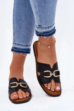 Sale Evento Klapki Damskie Płaskie Z Ozdobnym Detalem Czarne Amiresna Czarny