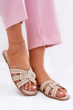 Clearance Boto Klapki Damskie Płaskie Z Przeplatającymi Się Paskami Beżowe Acimine Beżowy